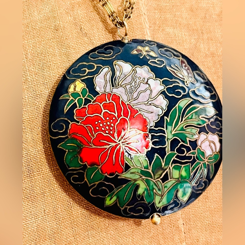 Vintage LES BERNARD Enamel Cloisonne Round Floral Pendant Semiprecious Stones